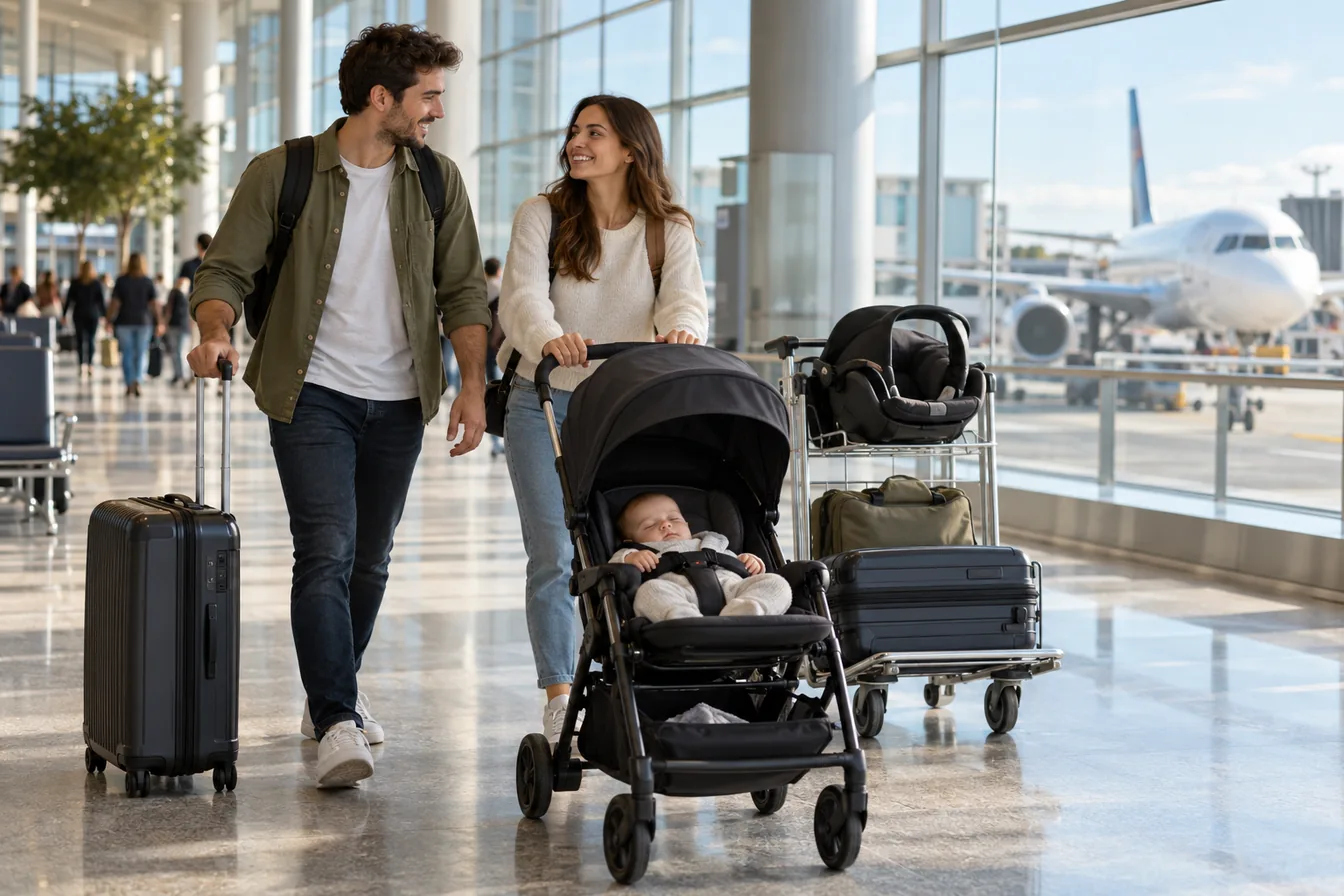Parents avec un bébé en poussette et une valise dans le hall d'un aéroport