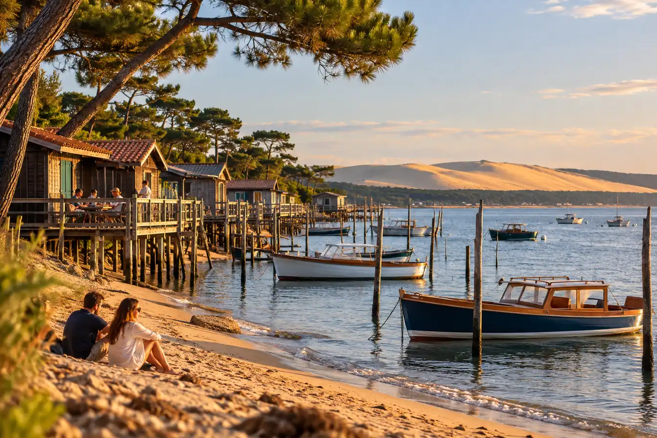 Jetée en bois au Cap Ferret face au bassin d'Arcachon, avec des pinasses amarrées