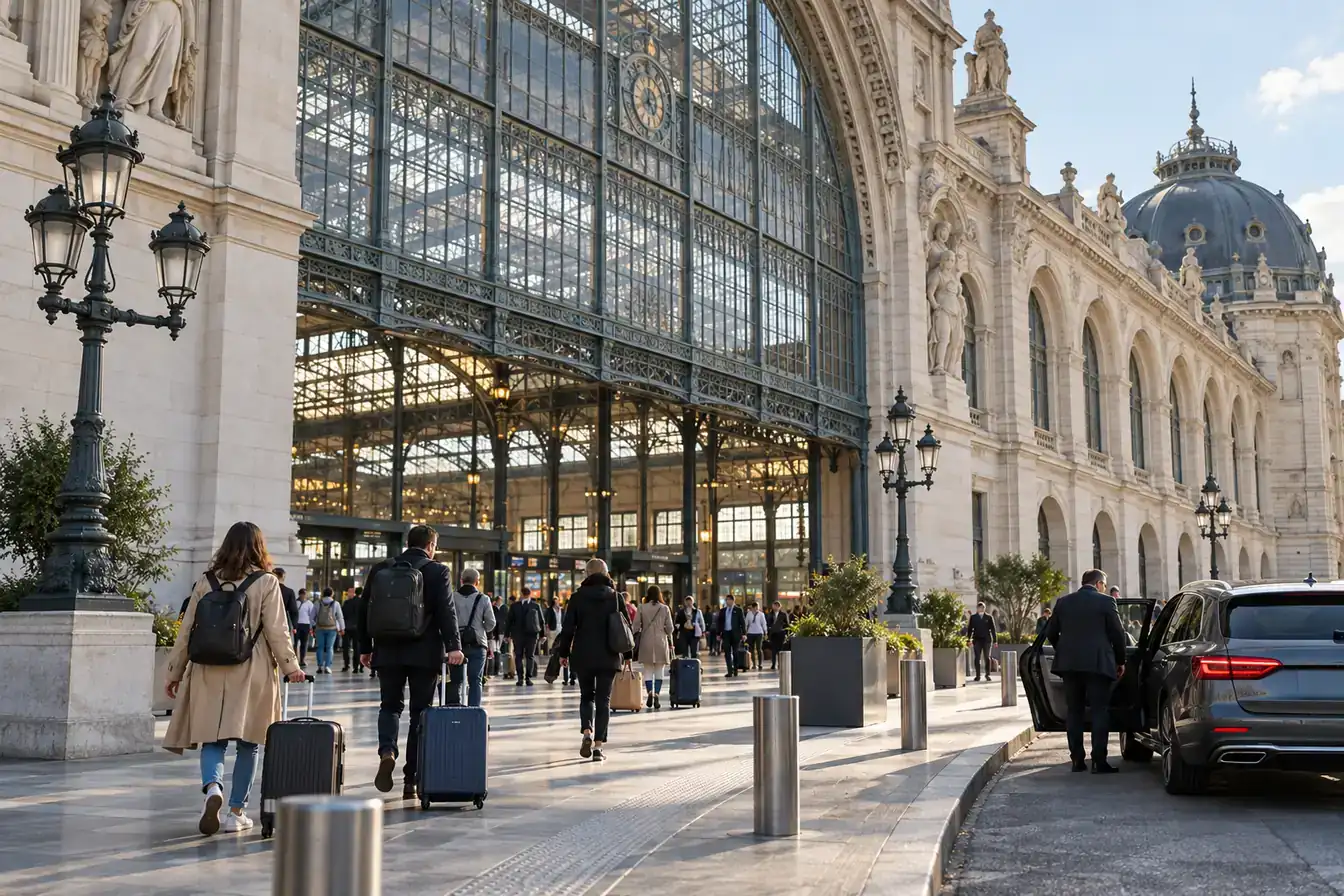 Façade de la gare Bordeaux Saint-Jean avec des voyageurs et leurs valises sur le parvis
