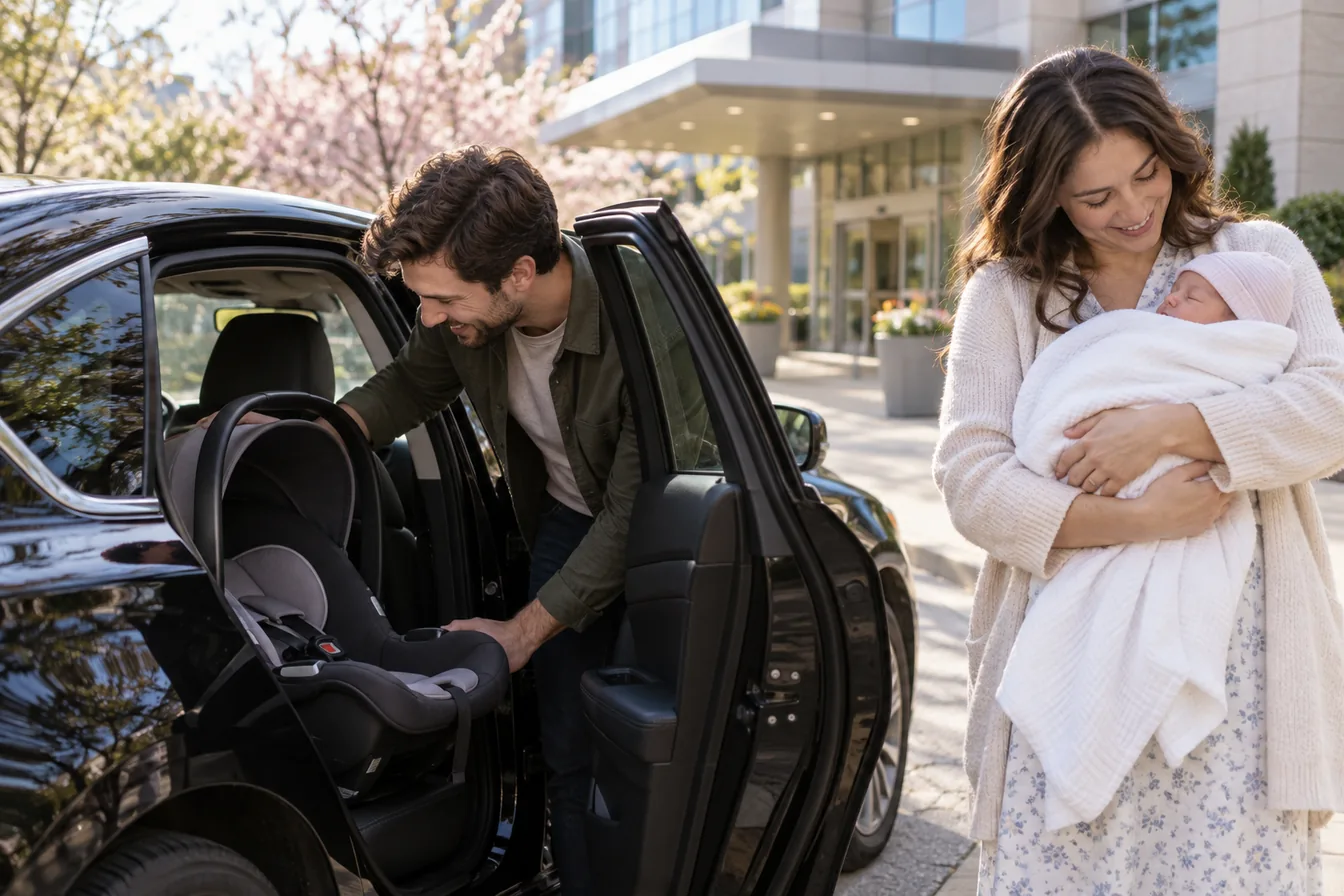 Jeunes parents sortant d'une maternité avec leur nouveau-né installé dans un siège auto bébé