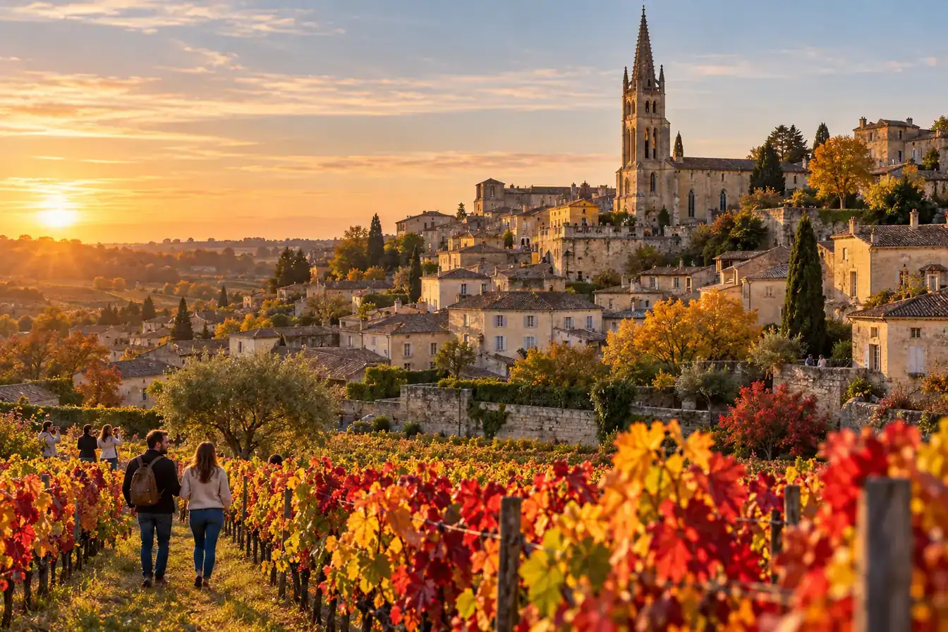 Ruelle pavée de Saint-Émilion avec le clocher monolithe en arrière-plan et des vignes au loin