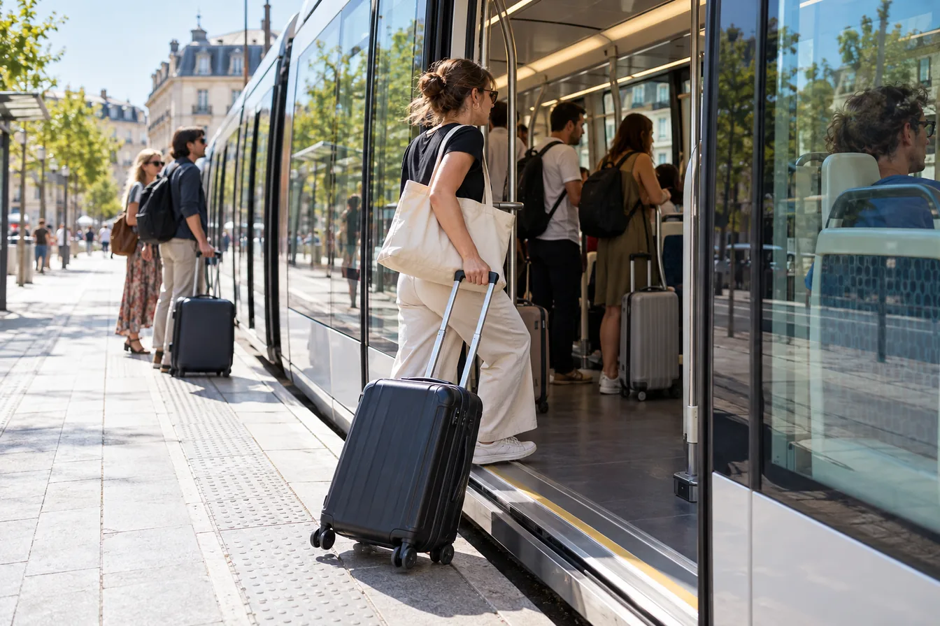 Voyageuse avec une valise à roulettes montant dans un tram moderne à Bordeaux